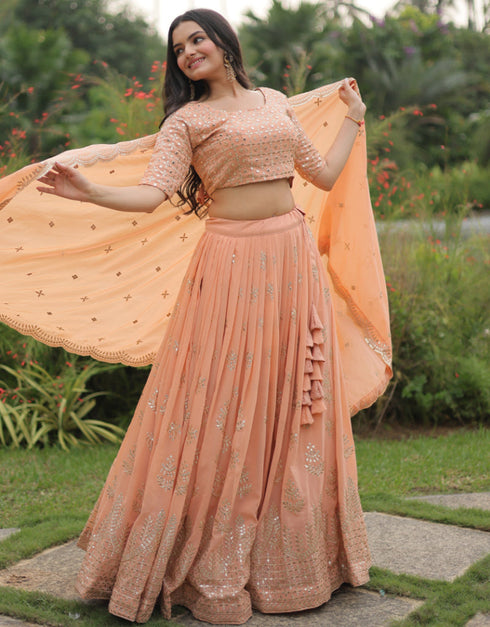 Designer Wedding Wear Faux Blooming Lehenga Choli Collection Peach Faux Georgette Lehenga Choli Back View