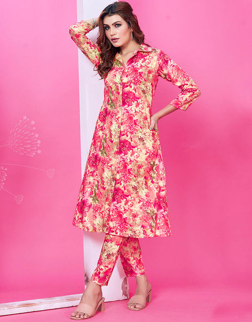Traditional Function Wear Premium Rayon Top With Pent Collection Pink Premium Rayon Pant Suit Front View