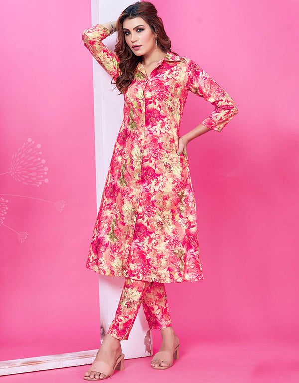 Traditional Function Wear Premium Rayon Top With Pent Collection Pink Premium Rayon Pant Suit Front View