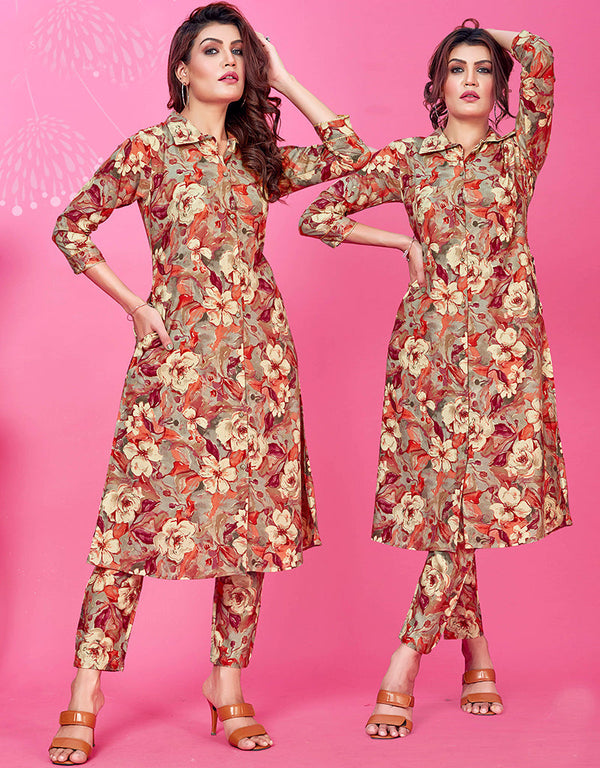 Traditional Function Wear Premium Rayon Top With Pent Collection Red Premium Rayon Pant Suit Front View