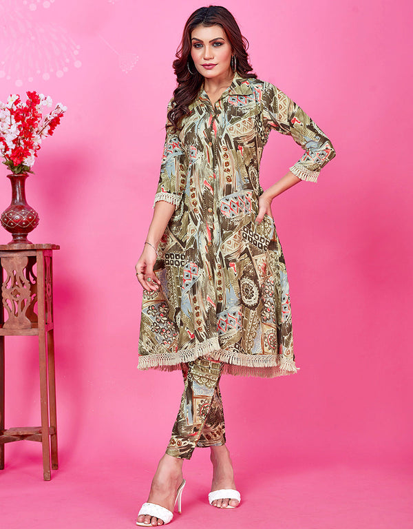 Traditional Function Wear Premium Rayon Top With Pent Collection Brown Premium Rayon Pant Suit Front View
