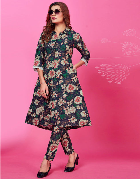 Traditional Function Wear Premium Rayon Top With Pent Collection Blue Premium Rayon Pant Suit Close-up View