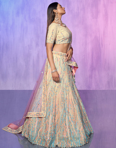 Designer Wedding Wear Heavy Lehenga Choli Collection Off White Organza Lehenga Choli Close-up View