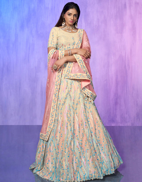 Designer Wedding Wear Heavy Lehenga Choli Collection Off White Organza Lehenga Choli Front View