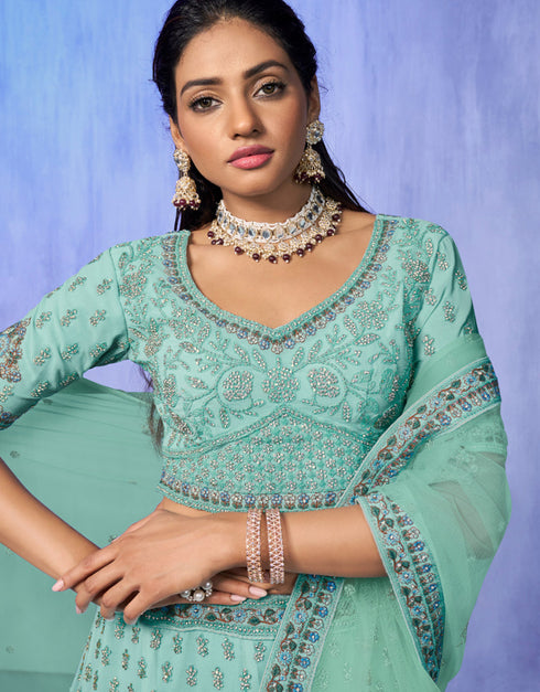 Designer Wedding Wear Heavy Lehenga Choli Collection Aqua Georgette Lehenga Choli Back View