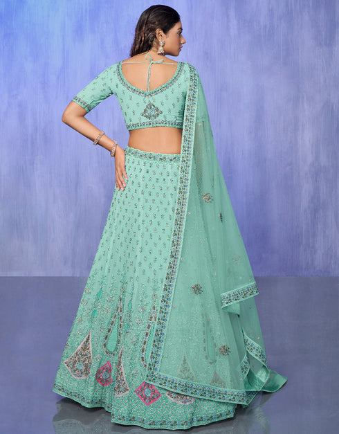 Designer Wedding Wear Heavy Lehenga Choli Collection Aqua Georgette Lehenga Choli Front View