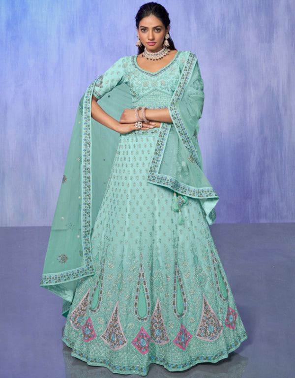 Designer Wedding Wear Heavy Lehenga Choli Collection Aqua Georgette Lehenga Choli Front View