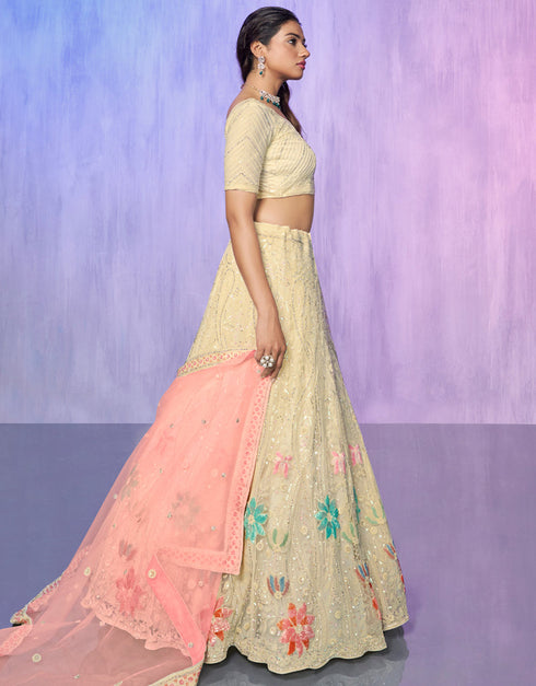 Designer Wedding Wear Heavy Lehenga Choli Collection Off White Net Lehenga Choli Back View