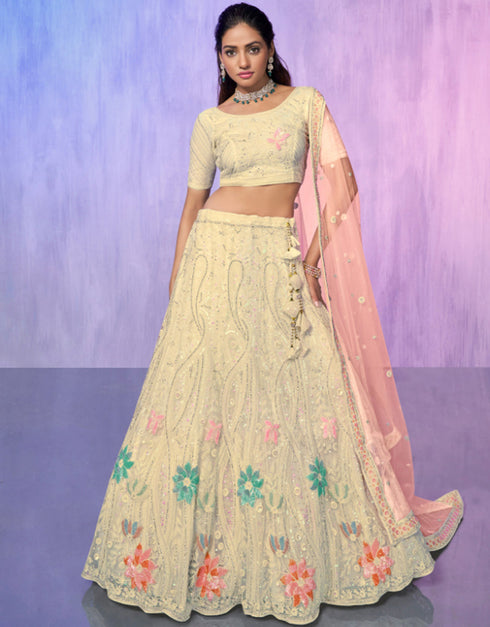 Designer Wedding Wear Heavy Lehenga Choli Collection Off White Net Lehenga Choli Front View