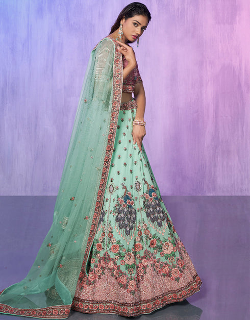 Designer Wedding Wear Heavy Lehenga Choli Collection Aqua Georgette Lehenga Choli Close-up View