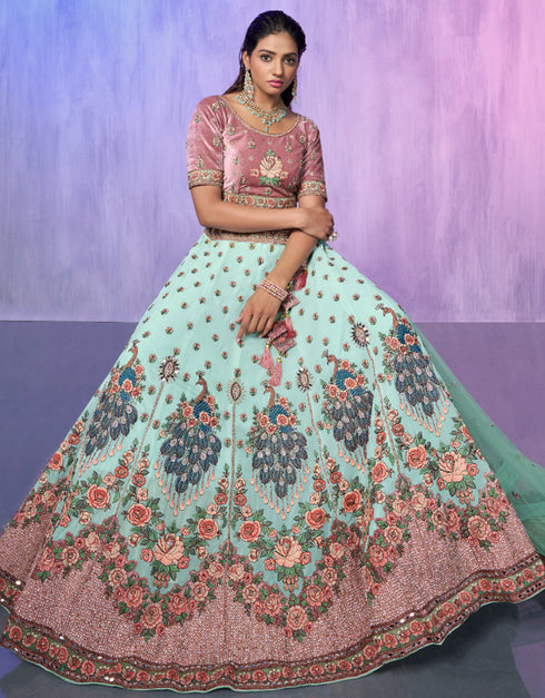 Designer Wedding Wear Heavy Lehenga Choli Collection Aqua Georgette Lehenga Choli Back View