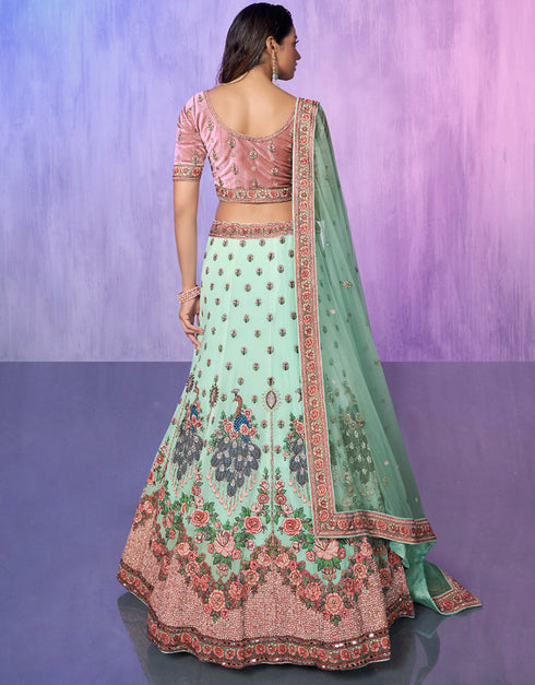Designer Wedding Wear Heavy Lehenga Choli Collection Aqua Georgette Lehenga Choli Front View