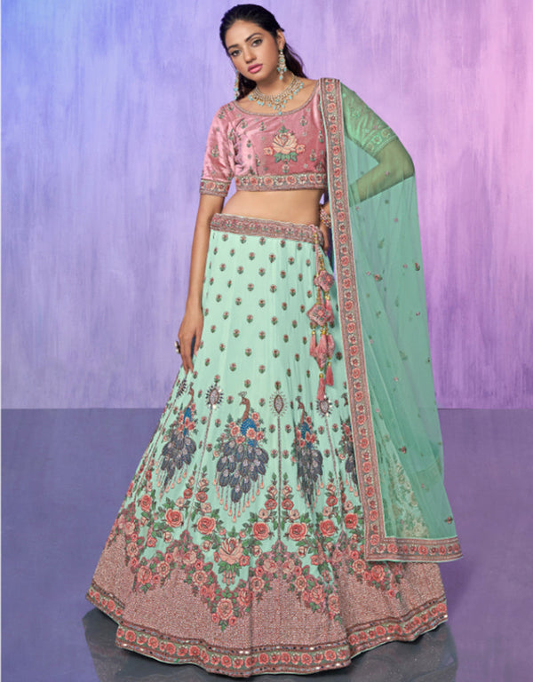 Designer Wedding Wear Heavy Lehenga Choli Collection Aqua Georgette Lehenga Choli Front View