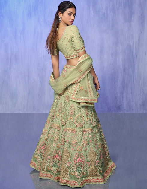 Designer Wedding Wear Heavy Lehenga Choli Collection Green Net Lehenga Choli Back View