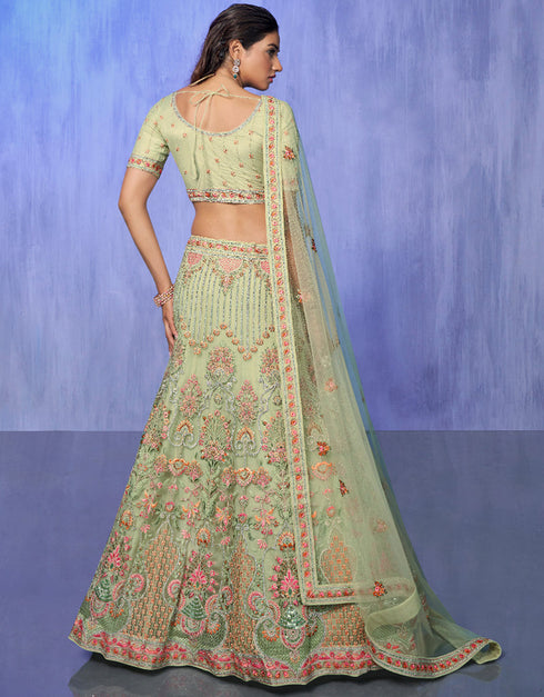 Designer Wedding Wear Heavy Lehenga Choli Collection Green Net Lehenga Choli Front View