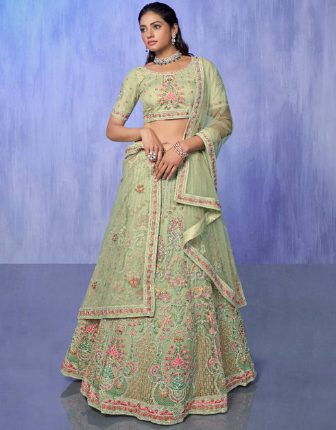 Designer Wedding Wear Heavy Lehenga Choli Collection Green Net Lehenga Choli Front View