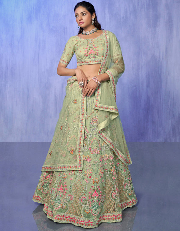 Designer Wedding Wear Heavy Lehenga Choli Collection Green Net Lehenga Choli Front View