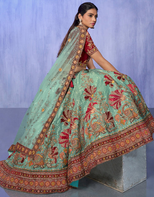 Designer Wedding Wear Heavy Lehenga Choli Collection Turquoise Velvet Lehenga Choli Back View