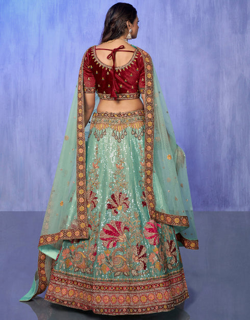 Designer Wedding Wear Heavy Lehenga Choli Collection Turquoise Velvet Lehenga Choli Front View