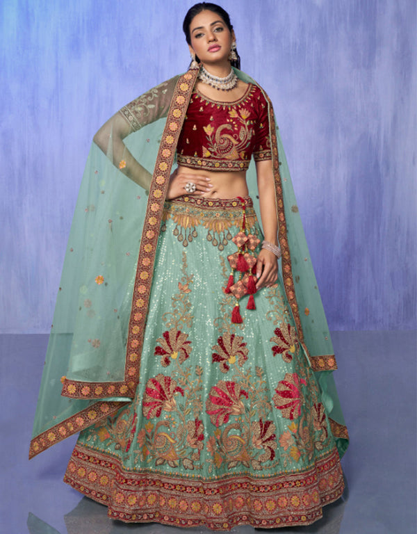 Designer Wedding Wear Heavy Lehenga Choli Collection Turquoise Velvet Lehenga Choli Front View