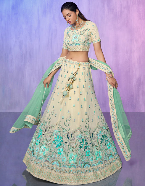 Designer Wedding Wear Heavy Lehenga Choli Collection White Georgette Lehenga Choli Close-up View