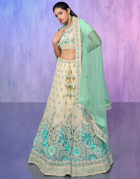 Designer Wedding Wear Heavy Lehenga Choli Collection White Georgette Lehenga Choli Back View