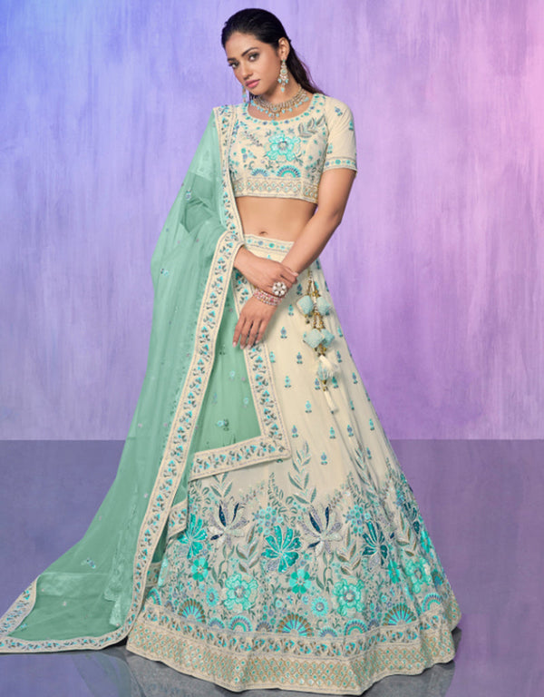 Designer Wedding Wear Heavy Lehenga Choli Collection White Georgette Lehenga Choli Front View