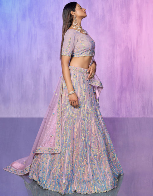 Designer Wedding Wear Heavy Lehenga Choli Collection Lavender Organza Lehenga Choli Close-up View