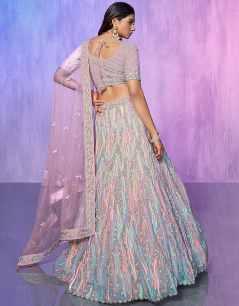 Designer Wedding Wear Heavy Lehenga Choli Collection Lavender Organza Lehenga Choli Front View