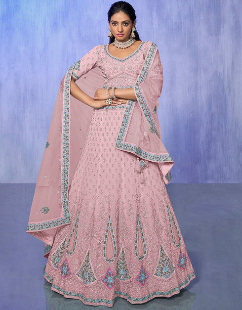 Designer Wedding Wear Heavy Lehenga Choli Collection Pink Georgette Lehenga Choli Front View