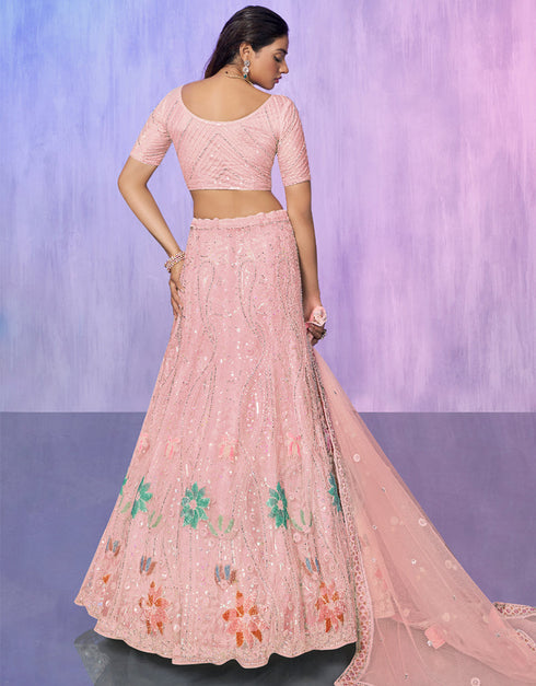 Designer Wedding Wear Heavy Lehenga Choli Collection Peach Net Lehenga Choli Front View