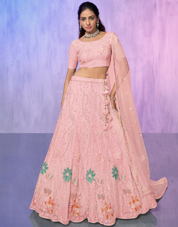 Designer Wedding Wear Heavy Lehenga Choli Collection Peach Net Lehenga Choli Front View