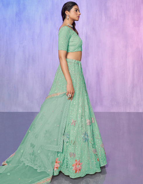Designer Wedding Wear Heavy Lehenga Choli Collection Aqua Net Lehenga Choli Close-up View