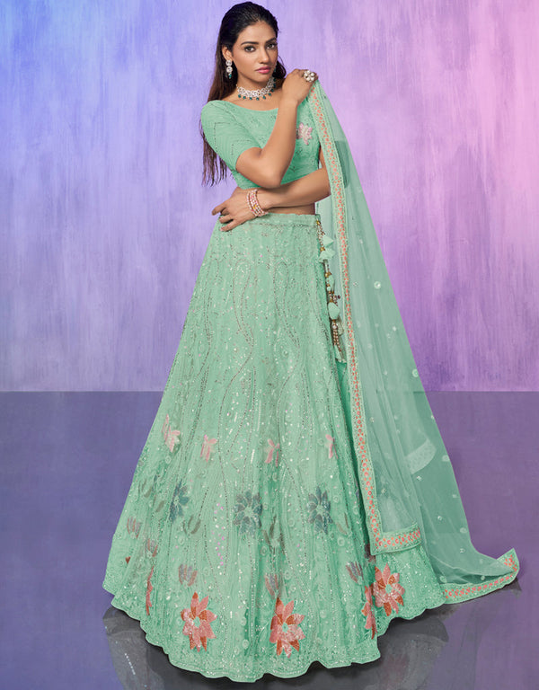 Designer Wedding Wear Heavy Lehenga Choli Collection Aqua Net Lehenga Choli Front View
