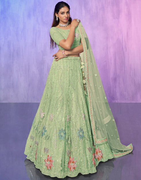 Designer Wedding Wear Heavy Lehenga Choli Collection Sea Green Net Lehenga Choli Close-up View
