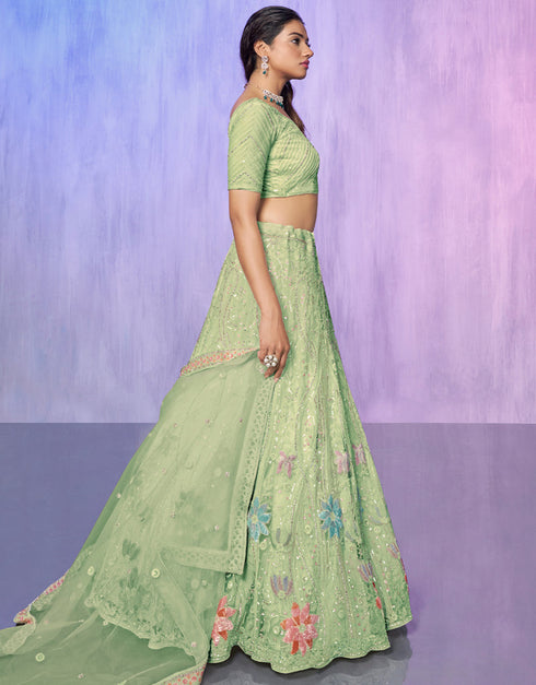 Designer Wedding Wear Heavy Lehenga Choli Collection Sea Green Net Lehenga Choli Back View