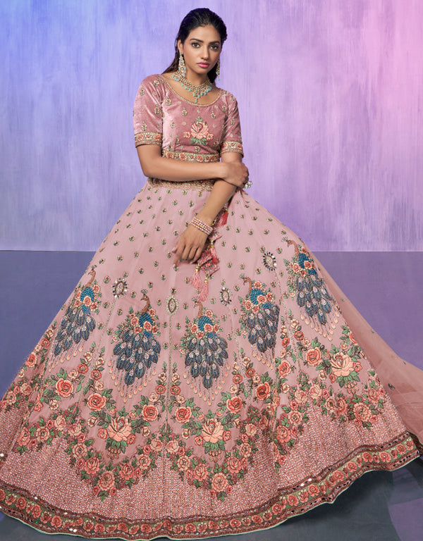 Designer Wedding Wear Heavy Lehenga Choli Collection Peach Velvet Lehenga Choli Front View