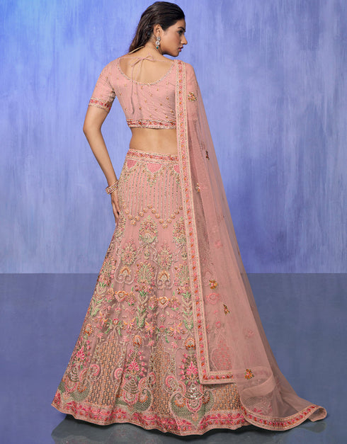 Designer Wedding Wear Heavy Lehenga Choli Collection Peach Net Lehenga Choli Front View