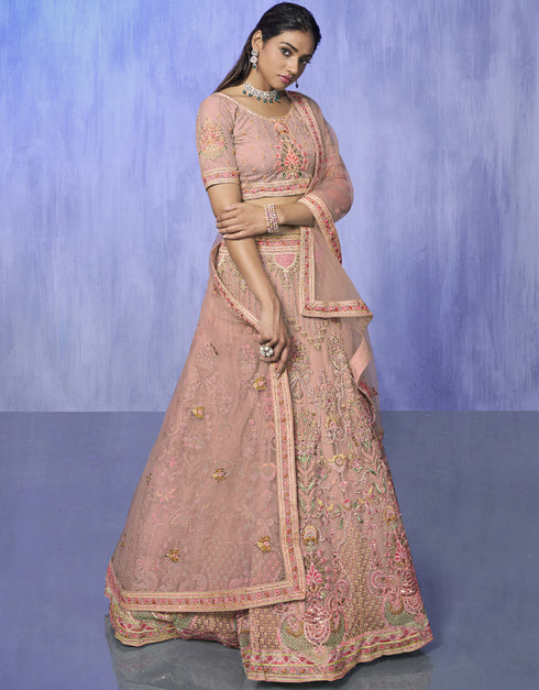 Designer Wedding Wear Heavy Lehenga Choli Collection Peach Net Lehenga Choli Front View