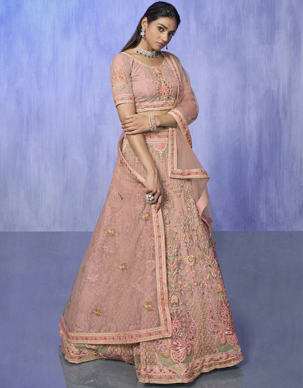 Designer Wedding Wear Heavy Lehenga Choli Collection Peach Net Lehenga Choli Front View