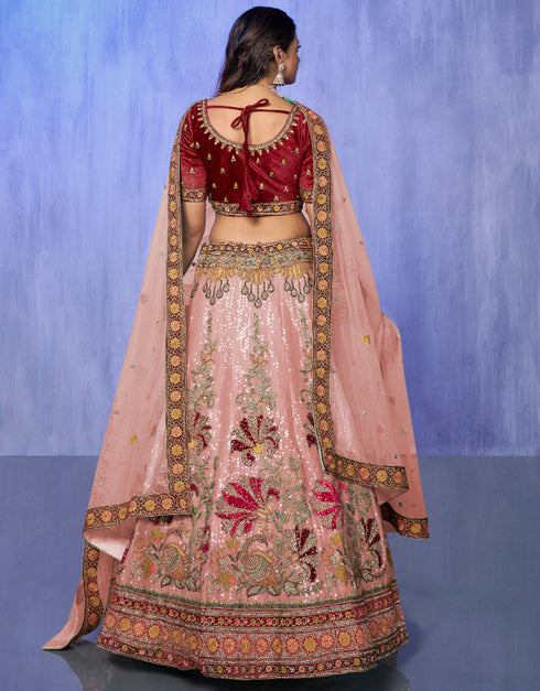 Designer Wedding Wear Heavy Lehenga Choli Collection Peach Velvet Lehenga Choli Front View
