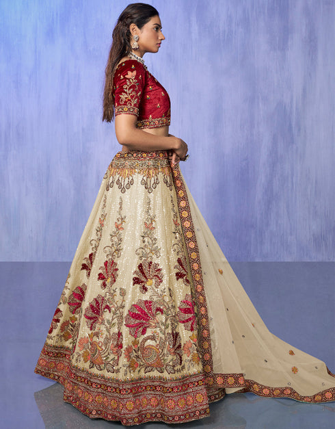 Designer Wedding Wear Heavy Lehenga Choli Collection White Velvet Lehenga Choli Close-up View