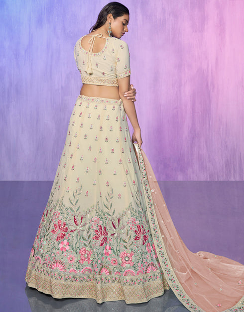 Designer Wedding Wear Heavy Lehenga Choli Collection White Georgette Lehenga Choli Front View