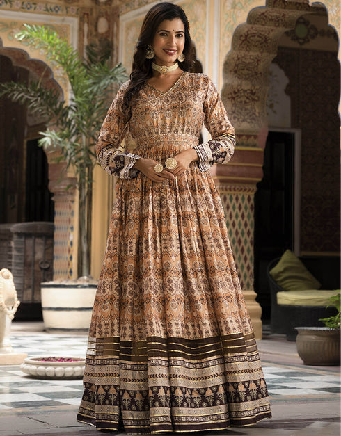 Traditional Function Wear Readymade Suit & Dupatta Collection Cream Dola Silk Gown Back View