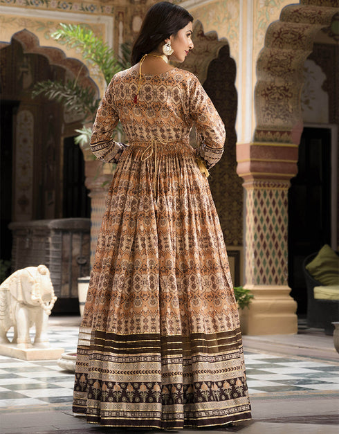 Traditional Function Wear Readymade Suit & Dupatta Collection Cream Dola Silk Gown Side View