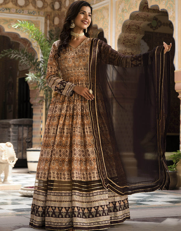 Traditional Function Wear Readymade Suit & Dupatta Collection Cream Dola Silk Gown Front View