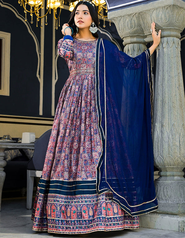 Traditional Function Wear Readymade Suit & Dupatta Collection Blue Dola Silk Gown Front View