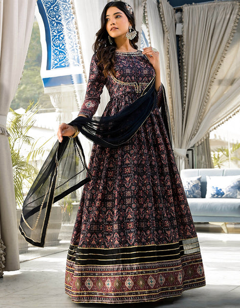 Traditional Function Wear Readymade Suit & Dupatta Collection Black Dola Silk Gown Back View