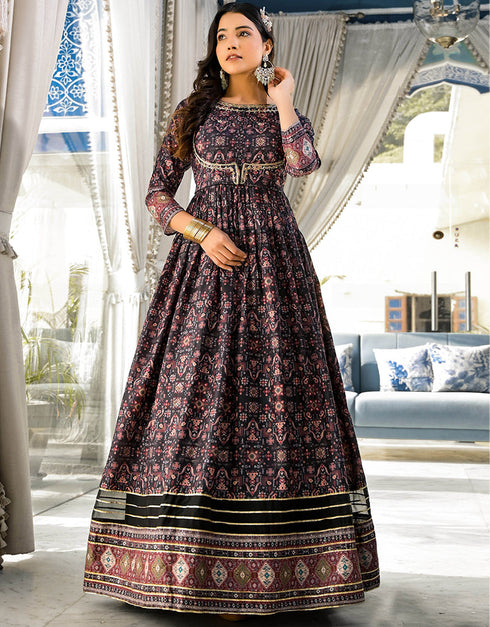 Traditional Function Wear Readymade Suit & Dupatta Collection Black Dola Silk Gown Side View