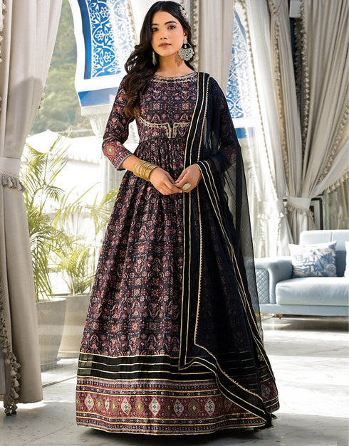 Traditional Function Wear Readymade Suit & Dupatta Collection Black Dola Silk Gown Front View